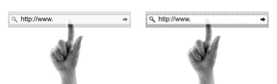 Set of Hand pressing a virtual browser address bar isolated on transparent background with vintage newspaper print texture. Concept of internet navigation, website search and online technology