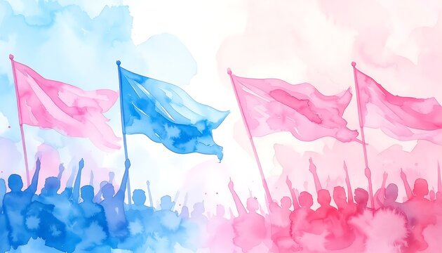 Watercolor illustration of a protest crowd with blue and red flags.