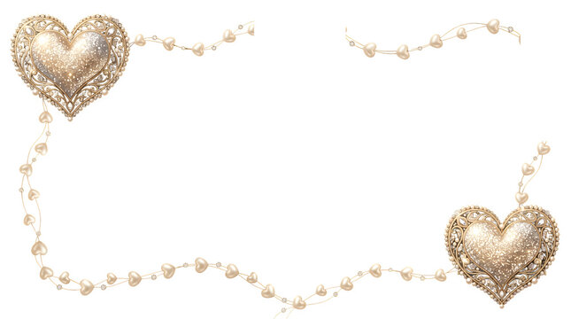 Elegant golden heart frame with sparkling jewelry elements isolated on transparent background