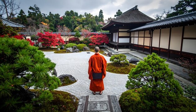 Persona con t&uacute;nica naranja caminando por un jard&iacute;n tradicional con sendero de piedra, arbustos cuidados y arquitectura de estilo japon&eacute;s