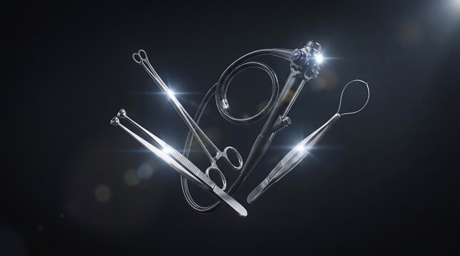 Medical endoscopy equipment including flexible endoscope and surgical forceps on dark background, professional medical instruments, healthcare technology, diagnostic tools.