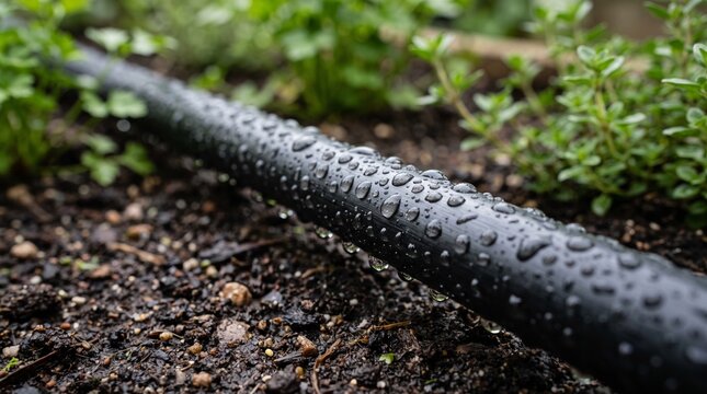 Black irrigation pipe with water droplets lying on wet garden soil close up.
