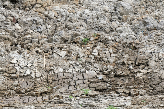 Close-up of dry, cracked earth with rough texture and scattered fragments of debris