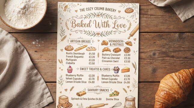 Bakery menu mockup displayed on rustic wooden table with fresh flour bowl and delicious croissant for artisan cafe branding.