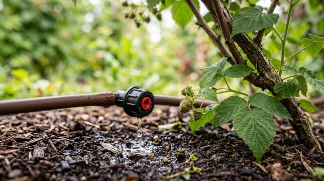 Drip irrigation system with micro dripper emitting water near plant roots in garden soil close up