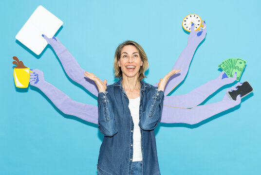 Smiling woman multitasking with various paper arms holding objects