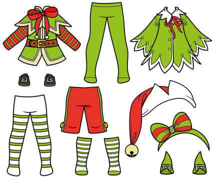 New Year elf fancy dress costume constructor with dresses, hats and tights