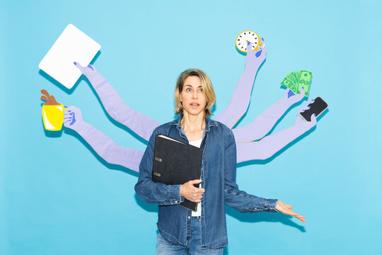 Overwhelmed woman juggles multitasking and time pressure at work