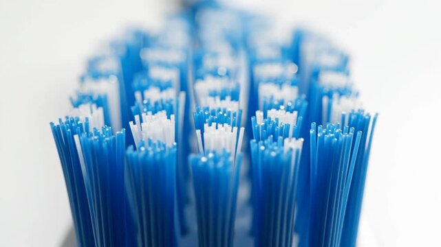 Macro Shot of Blue and White Toothbrush Bristles Close Up.