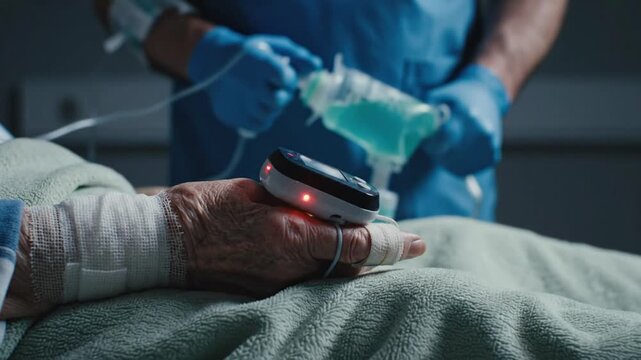 Patient hand with pulse oximeter monitor in hospital intensive care unit.