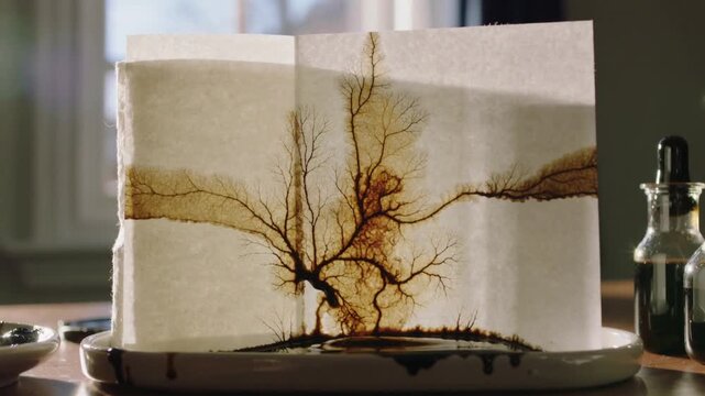Dropper spilling dark liquid, folded paper wicking, creating branching pattern on tray by window