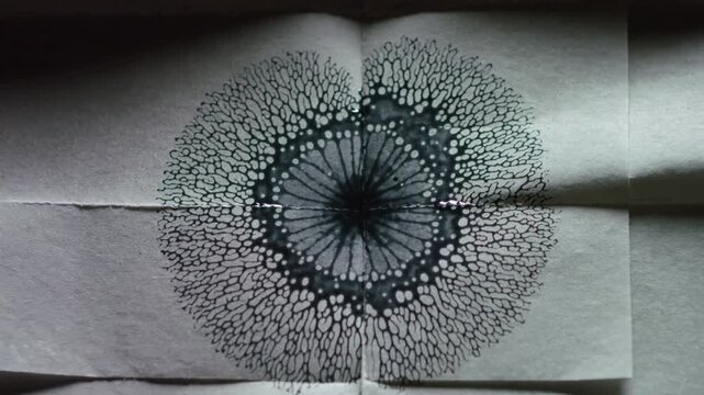 Squeezing pipette dropping black ink onto folded paper on table under light forming lace pattern