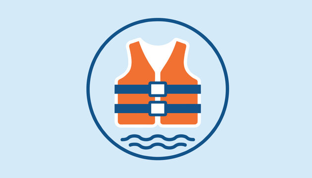 Safety first concept featuring an orange life jacket icon with water waves inside a blue circular frame.