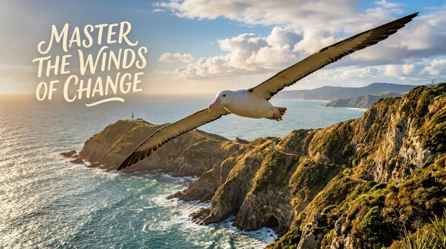 Albatross Flying Over Coastal Cliffs with Inspirational Quote Master the Winds of Change