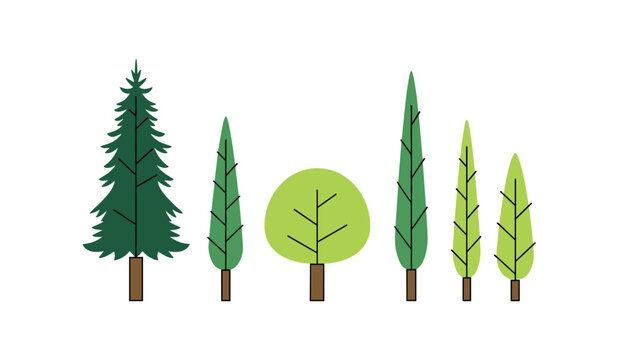 Set of different green tree shapes including pine cypress and round deciduous trees on a white background.