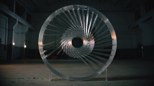 Rotating clear wheel catching side lights on vanes in dim warehouse, creating spiral glints