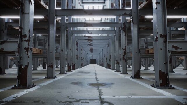 Moving camera revealing long central aisle flanked by rusted columns in warehouse, revealing decay