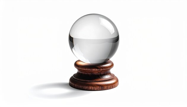 Glass sphere half filled with water on wooden stand isolated on white background liquid future concept or magic prop
