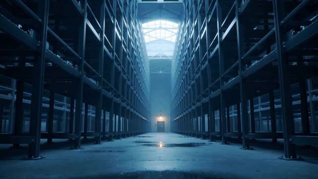Falling droplet from skylight hitting puddle making rings across racking aisle mirroring exit light