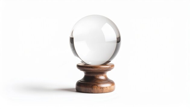 Crystal ball on wooden stand isolated on white background for fortune telling, divination, mysticism, psychic reading, magic and esoteric concepts