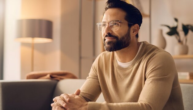 Hombre con gafas sentado en un sof&aacute; mirando hacia un lado en un sal&oacute;n c&aacute;lido y luminoso