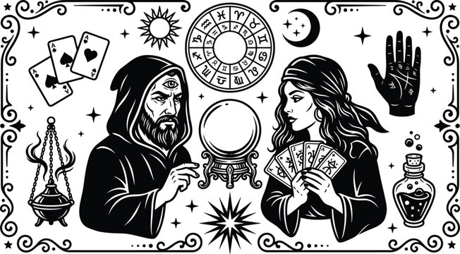 Mystic Fortune Teller Banner Vector Illustration Featuring Wizard Witch Crystal Ball Tarot Cards and Astrological Zodiac Wheel