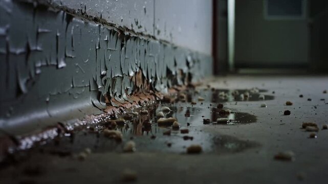 Stepping operator pushing camera to reveal shut doorway, tracking peeling wall base and puddle glow