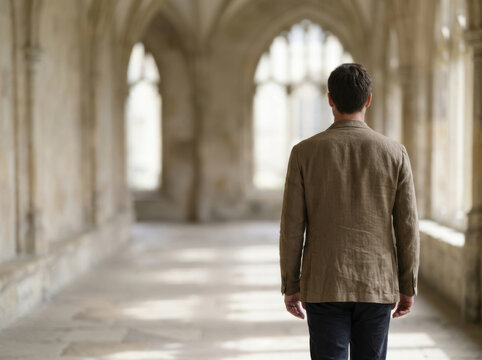 Man walking down church corridor with arched windows and stone walls in soft natural light