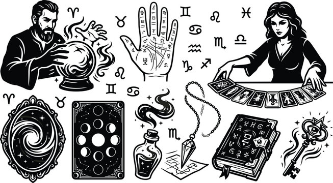 Mystical Divination and Fortune Telling Vector Silhouette Set Featuring Tarot Reading Palmistry Crystal Ball Grimoire and Zodiac