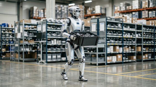 Humanoid robot carrying plastic crate in modern warehouse warehouse