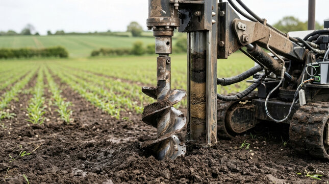Soil sampling drill machine extracting earth core sample in farm field