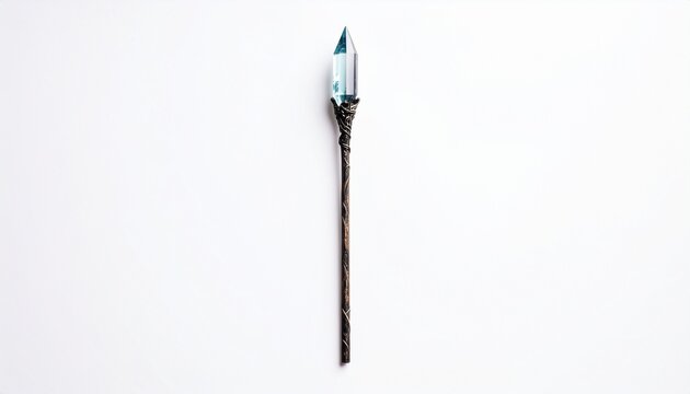 Blue aquamarine crystal wand magic staff isolated on white background healing energy spiritual tool teal stone vertical stick rod amulet talisman raw stone gemstone