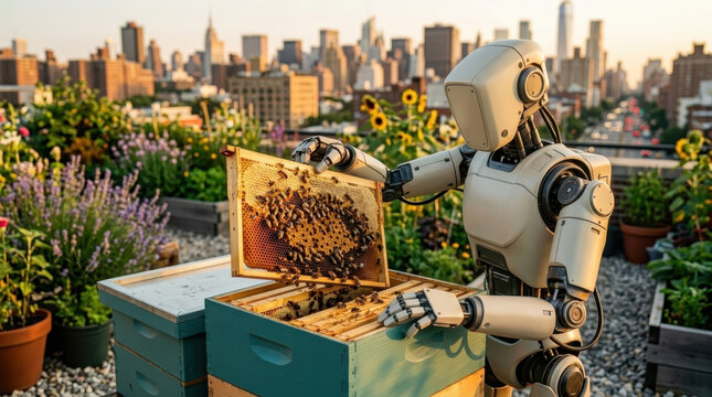 Robot beekeeper managing beehive on an urban rooftop garden