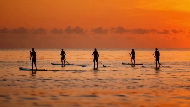 Silhouetted paddleboarders, serene figures rhythmically propelling across a placid ocean surface under an intensely glowing orange and yellow sunset