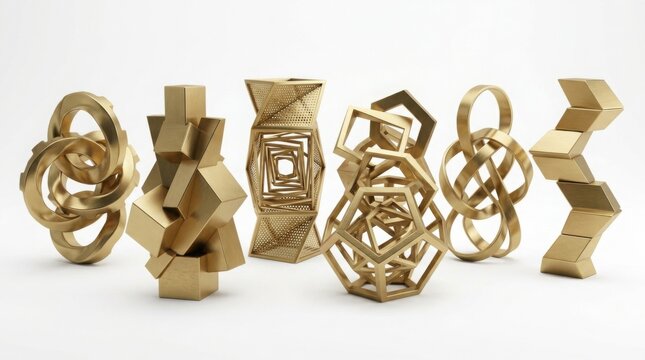 Set of abstract gold geometric sculptures isolated on white background