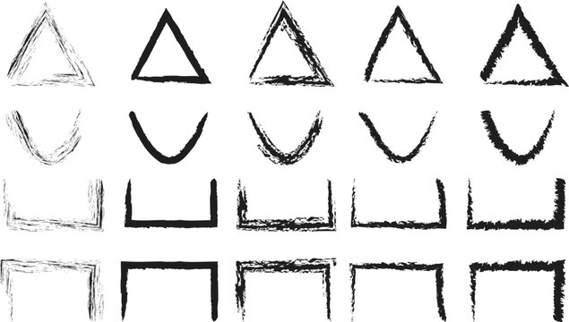 Collection of twenty hand-drawn black ink geometric shapes including triangles, brackets, and frames on white background