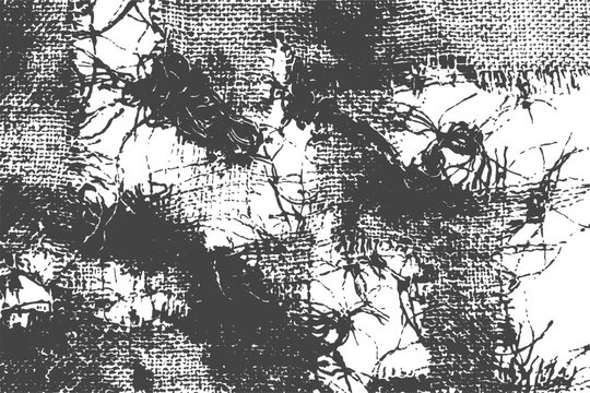 Abstract textured background with burlap and frayed threads in monochromatic graphic detail