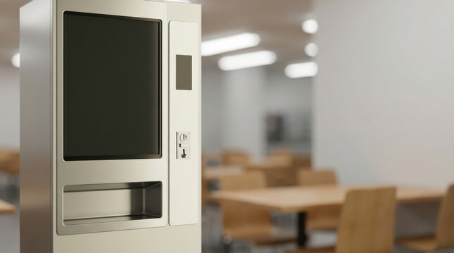 Vending machine dispenser close up in empty cafeteria with wooden chairs and tables, modern and clean environment