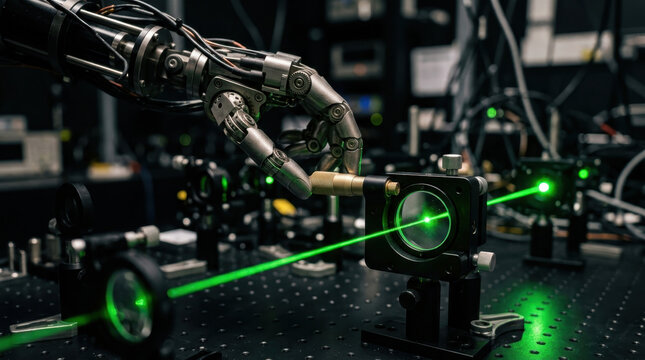Robotic hand adjusting advanced green laser optics in a physics lab