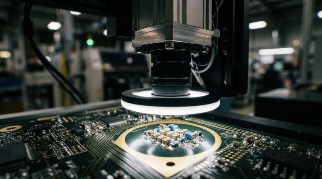 Automated optical inspection system scanning a printed circuit board