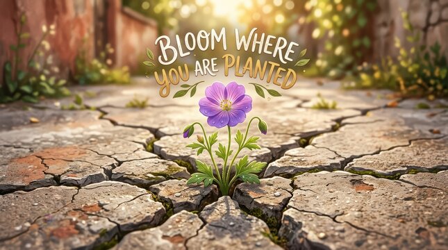 Bloom Where You Are Planted Inspirational Quote with Purple Flower Growing in Cracked Ground