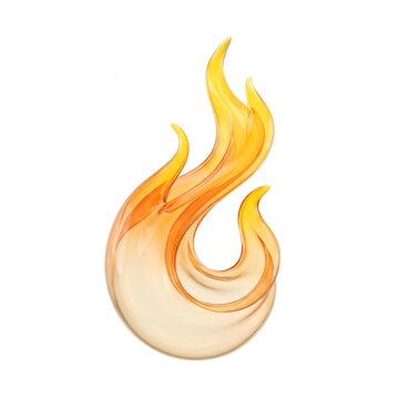 Stylized 3D rendered flame element with glowing orange and yellow hues in motion against a white background