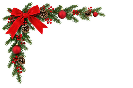 christmas wreath with red ribbon bow rectangular corner isolated on white or transparent png