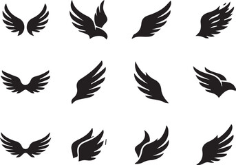 Fototapeta premium Stylized Bird Wings And Feathered Flight Black Vector Set
