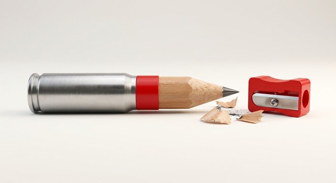Bullet shaped wooden pencil with red sharpener and shavings on white background, power of words and journalism concept.