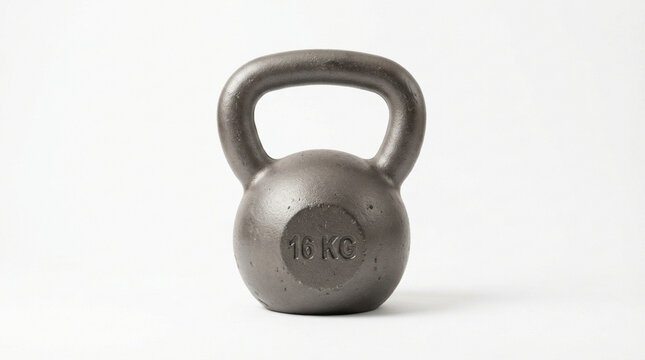 Heavy black cast iron 16 kg kettlebell fitness weight isolated on a plain white background designed for strength training core workouts gym exercises and bodybuilding routines
