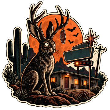 Desert Jackalope Beside a Retro Motel Under an Orange Moon