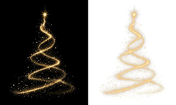 golden christmas tree made of glitter particles overlay. christmas winter advent seasonal ornament xmas tree decoration with light sparkles and shiny glitter isolated on white or transparent png