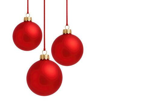 three hanging red christmas balls on red string isolated on white or transparent png