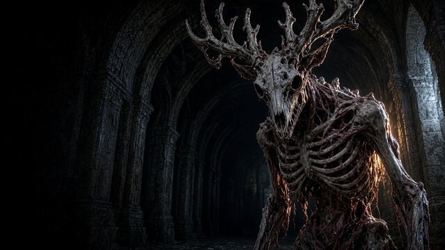 Wendigo skeleton monster creature with antlers in dark temple for halloween season event